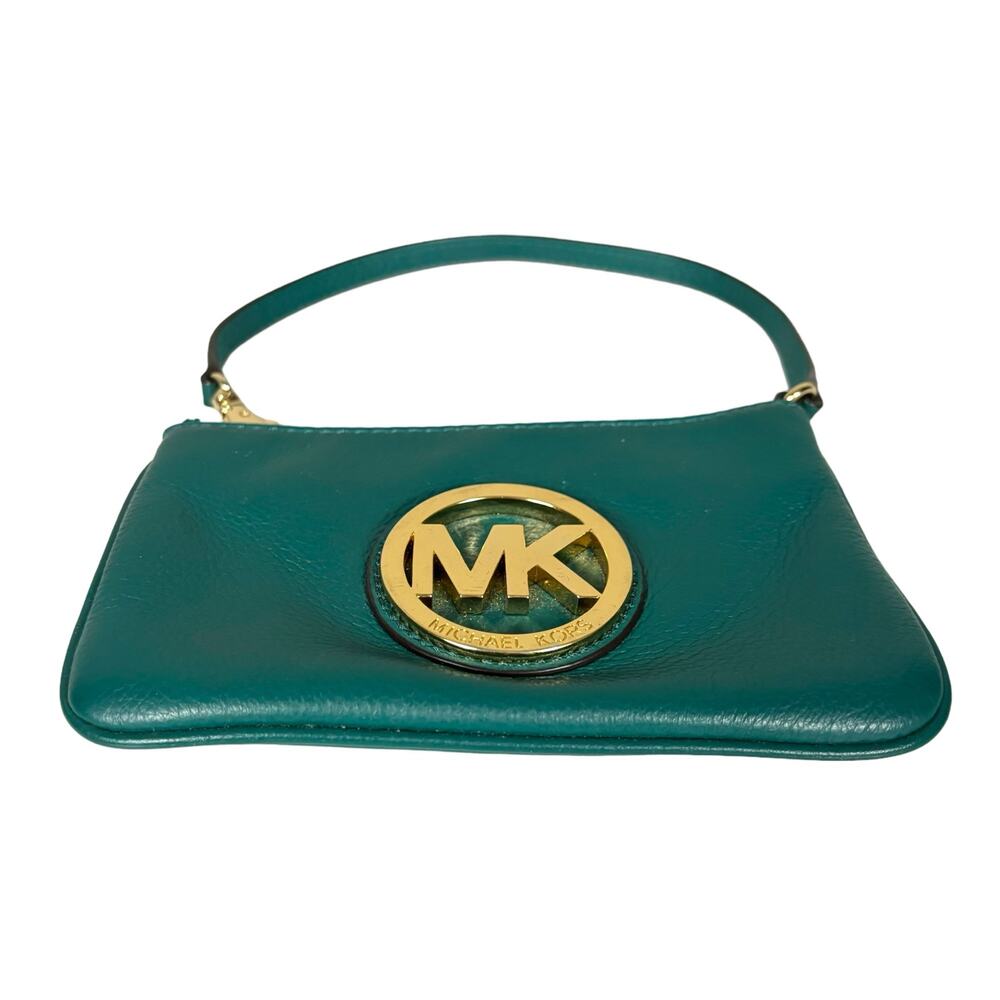 Michael Kors Fulton Leather Wristlet Deep Sea Green Pebbled Leather MK Logo - Picture 4 of 10